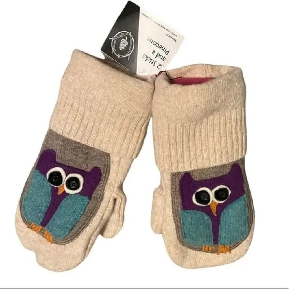 HANDMADE Lambswool Wool Winter Knit Mittens With Owls Cream M